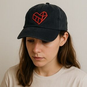 Black Cap with Red Heart Embroidery